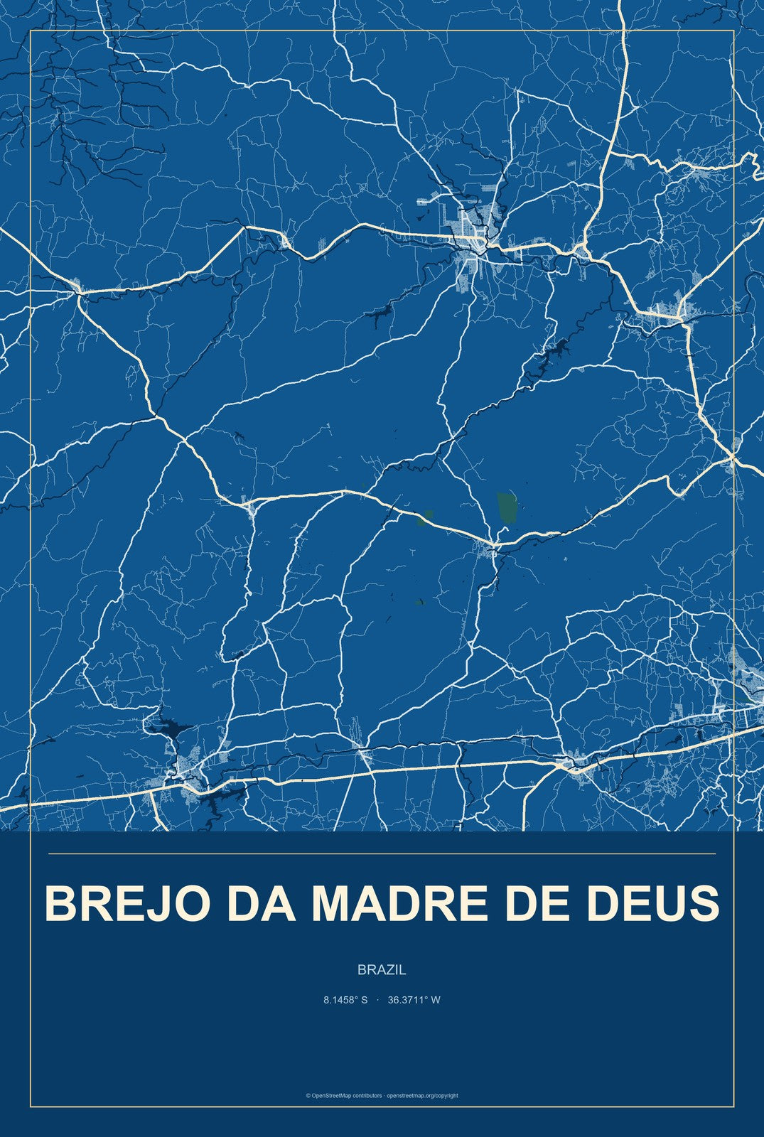 Brejo da Madre de Deus, Brazil City Map Aluminum Sign in Harbor Cobalt style