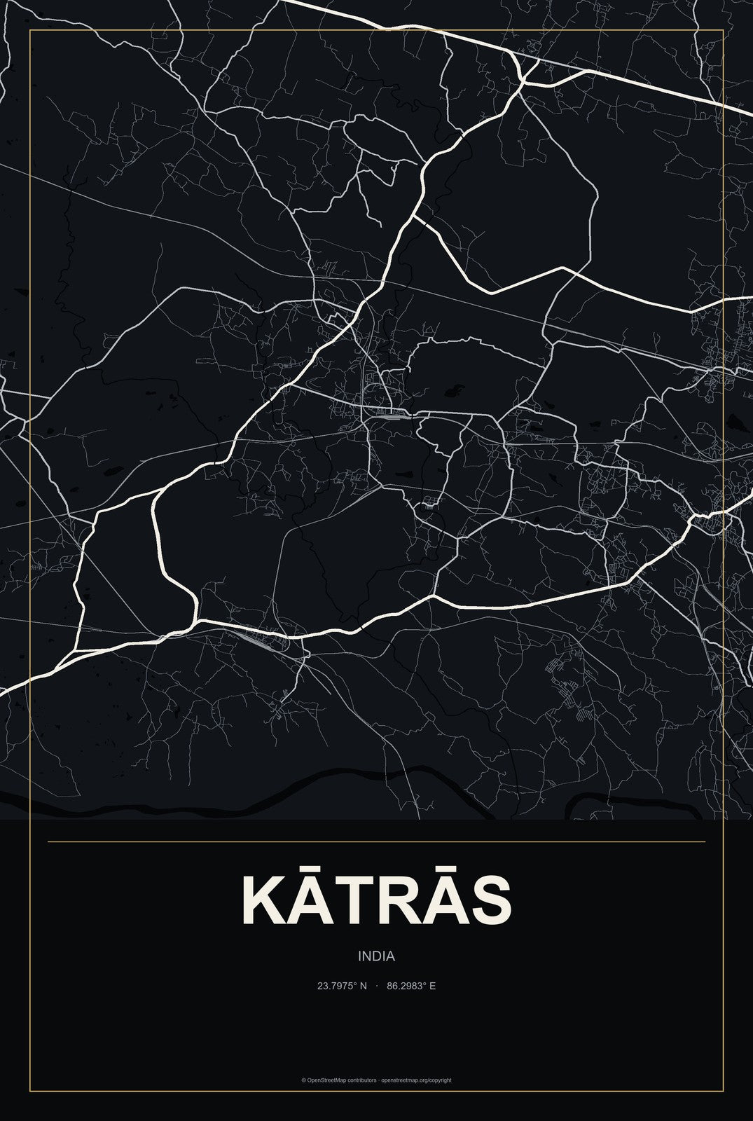 Kātrās, India City Map Aluminum Sign in Metropolitan Noir style