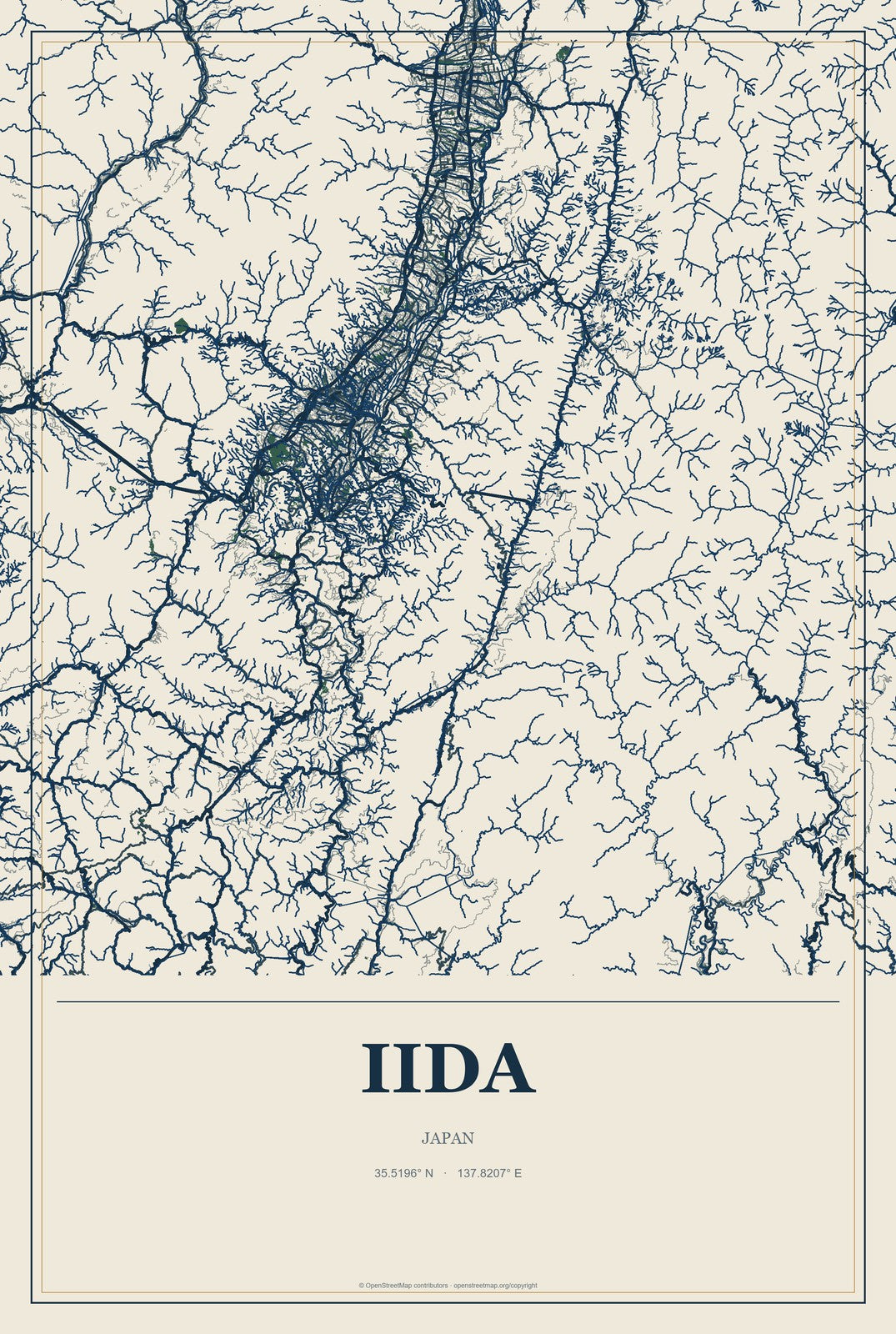 Iida, Japan City Map Aluminum Sign in Coastal Cutout style