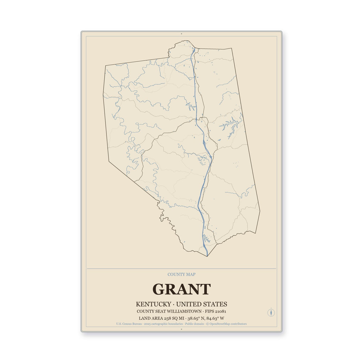 Grant County, Kentucky Map Aluminum Sign in Heritage Nautical style
