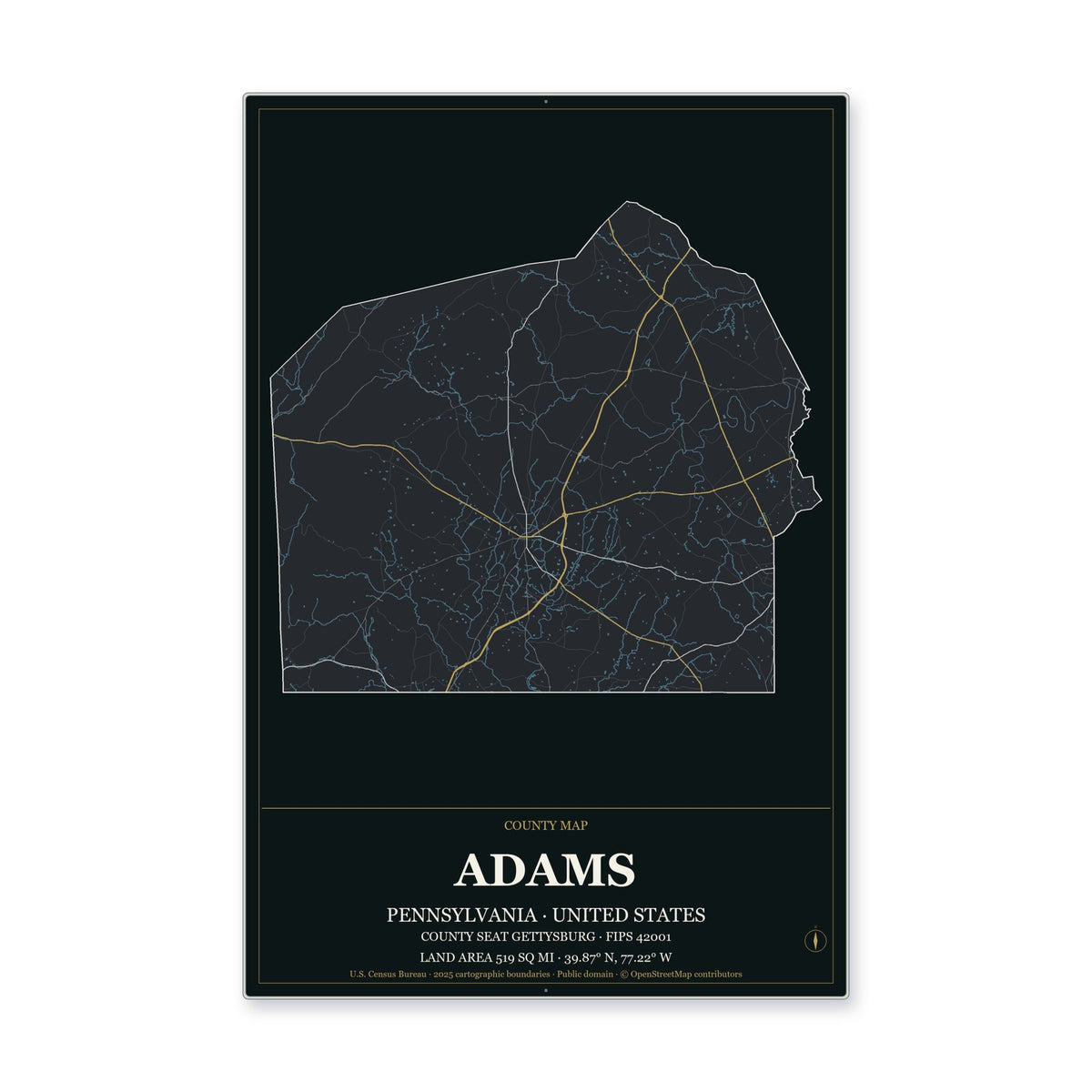 Adams County, Pennsylvania Map Aluminum Sign in Metropolitan Noir style