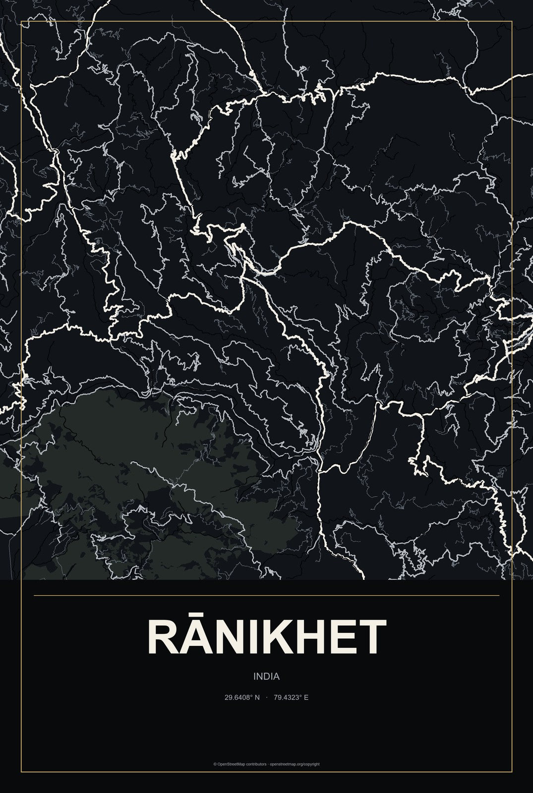 Rānikhet, India City Map Aluminum Sign in Metropolitan Noir style