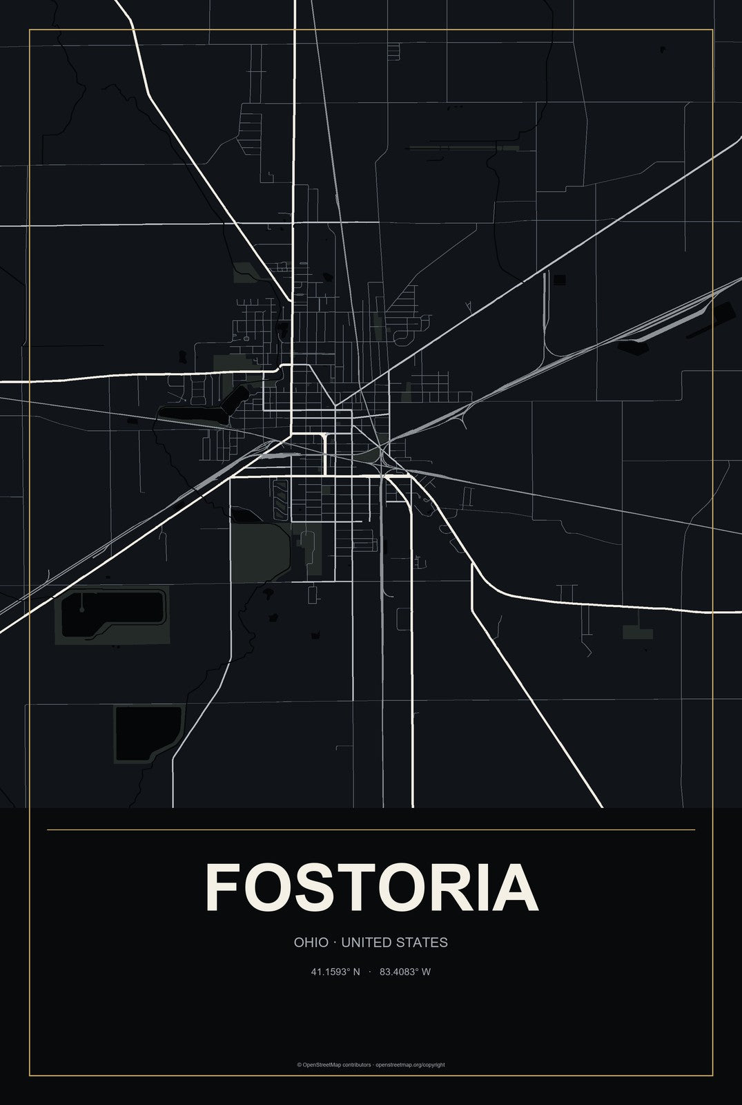 Fostoria, Ohio City Map Aluminum Sign in Metropolitan Noir style