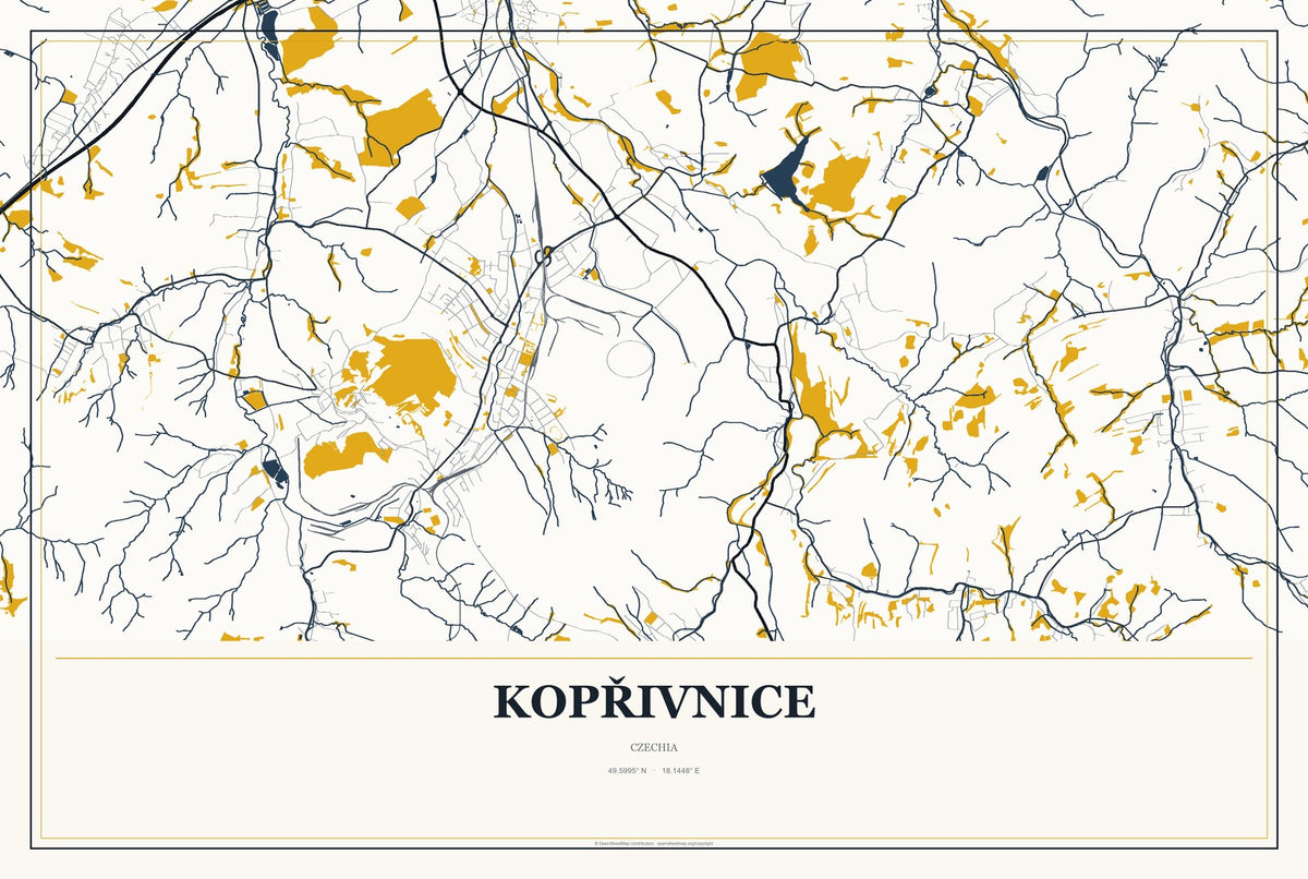 Kopřivnice, Czechia City Map Aluminum Sign in Citrine Modern style