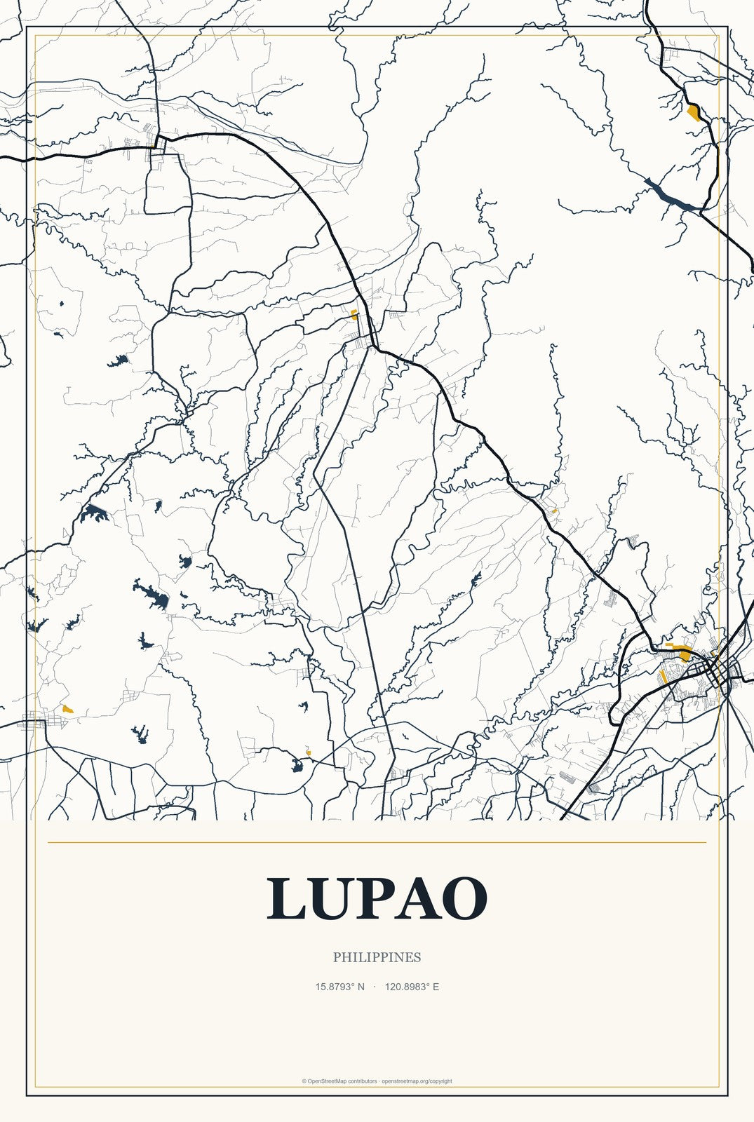 Lupao, Philippines City Map Aluminum Sign in Citrine Modern style