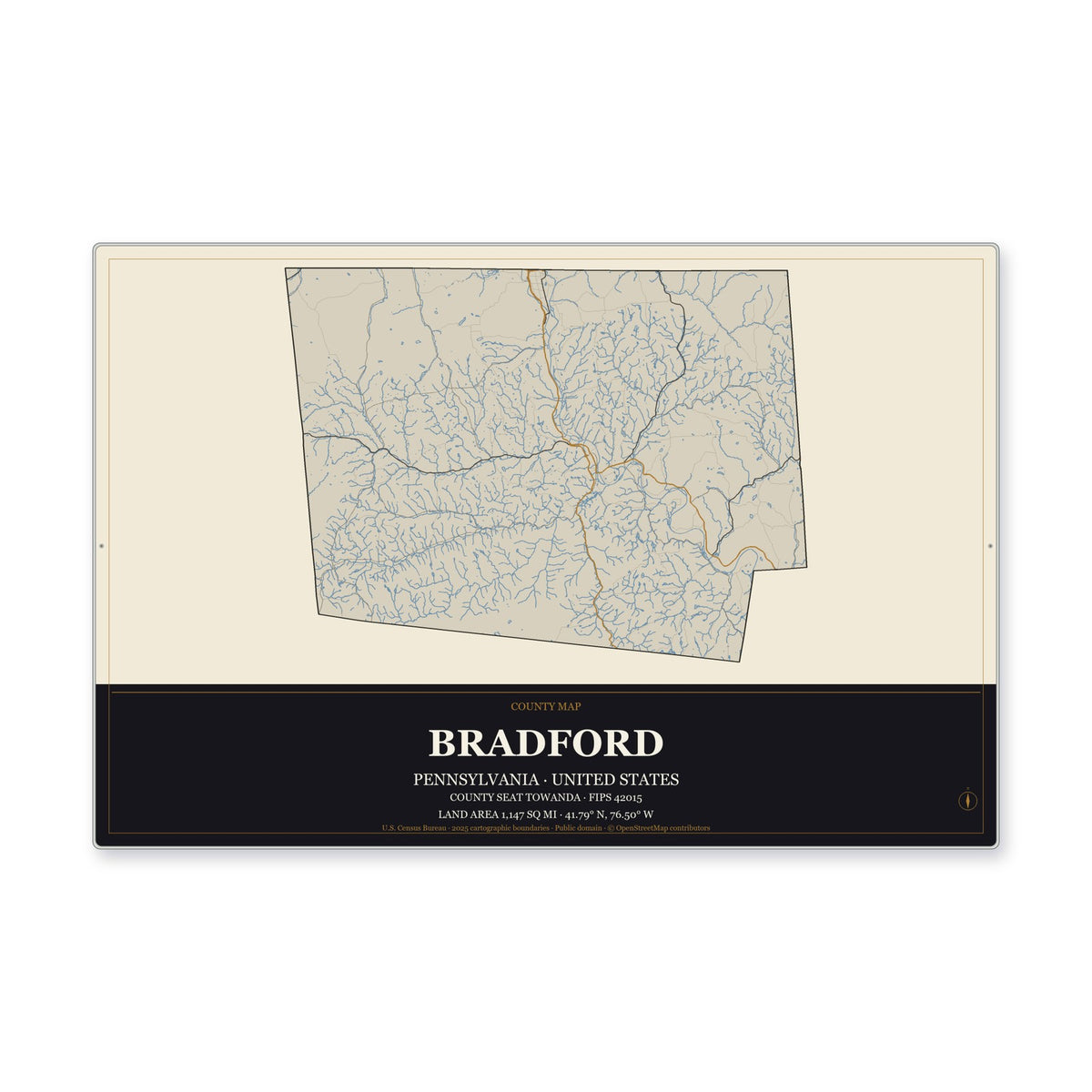 Bradford County, Pennsylvania Map Aluminum Sign in Museum Plaque style
