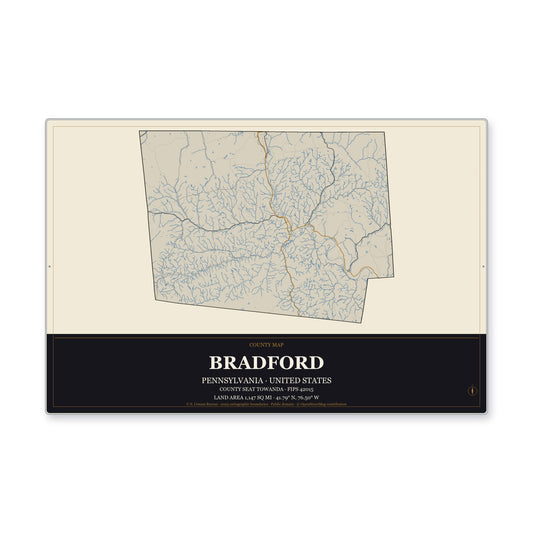 Bradford County, Pennsylvania Map Aluminum Sign in Museum Plaque style