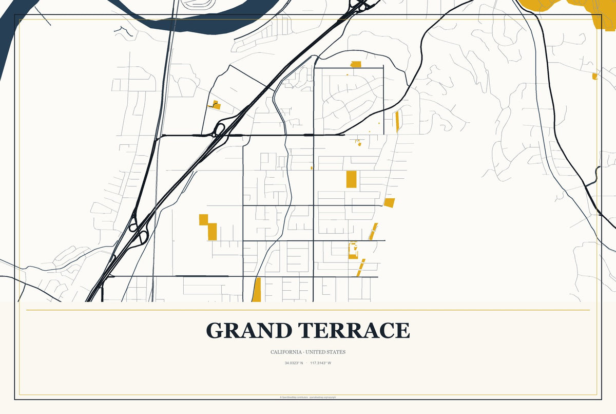 Grand Terrace, California City Map Aluminum Sign in Citrine Modern style
