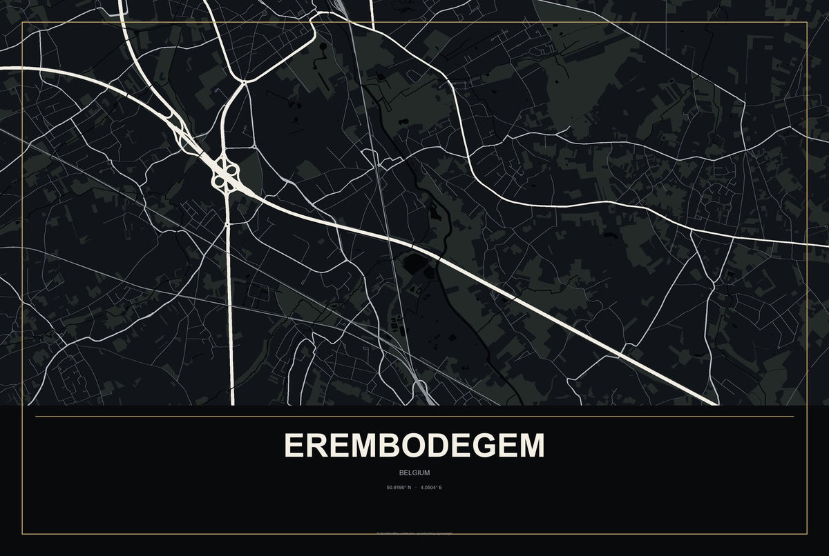 Erembodegem, Belgium City Map Aluminum Sign in Metropolitan Noir style