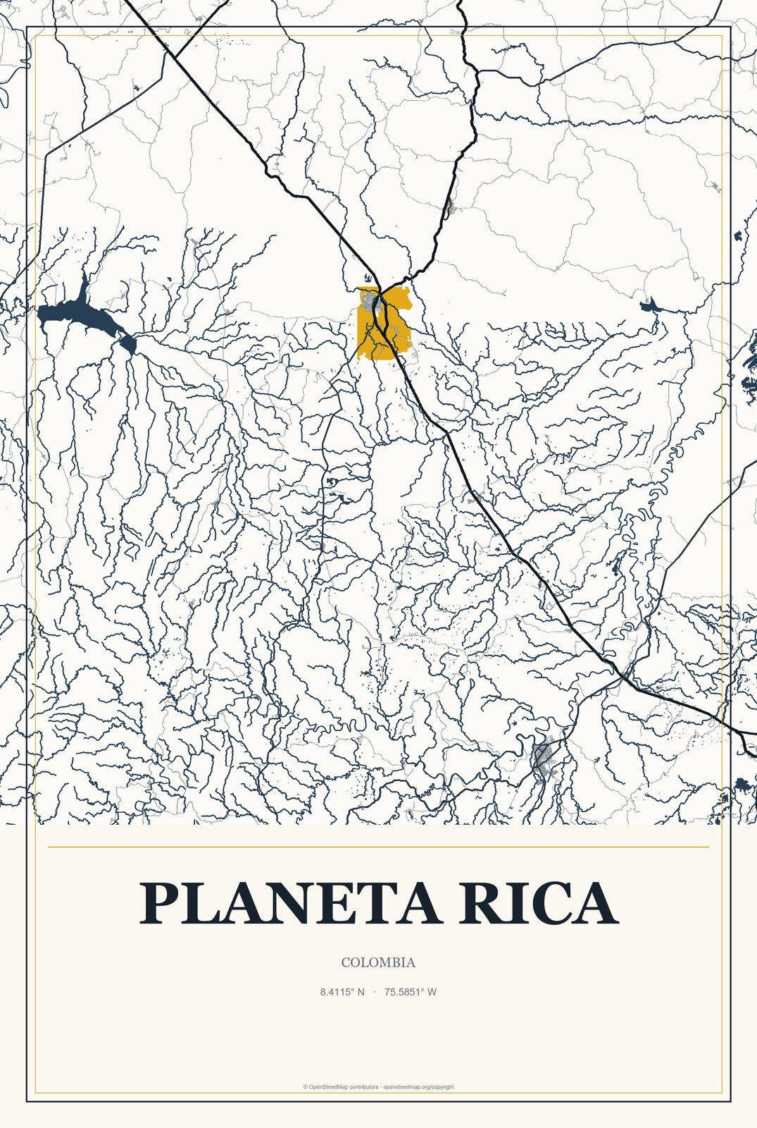 Planeta Rica, Colombia City Map Aluminum Sign in Citrine Modern style