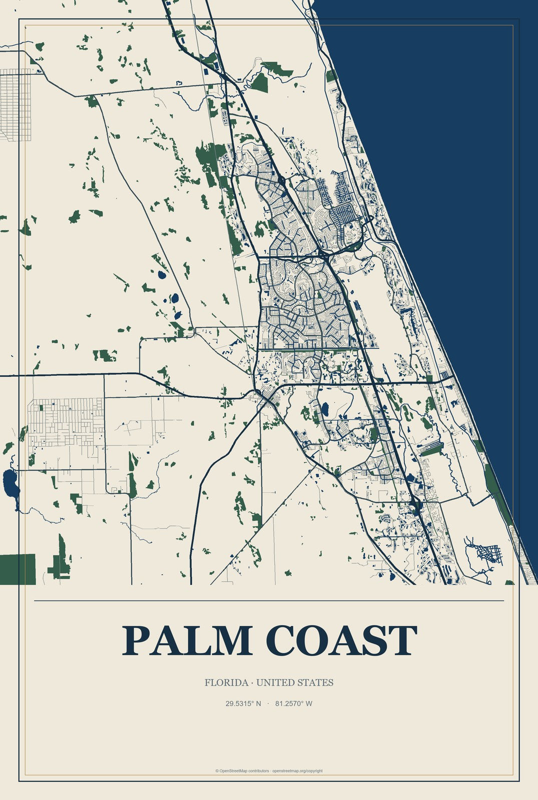 Palm Coast, Florida City Map Aluminum Sign in Coastal Cutout style