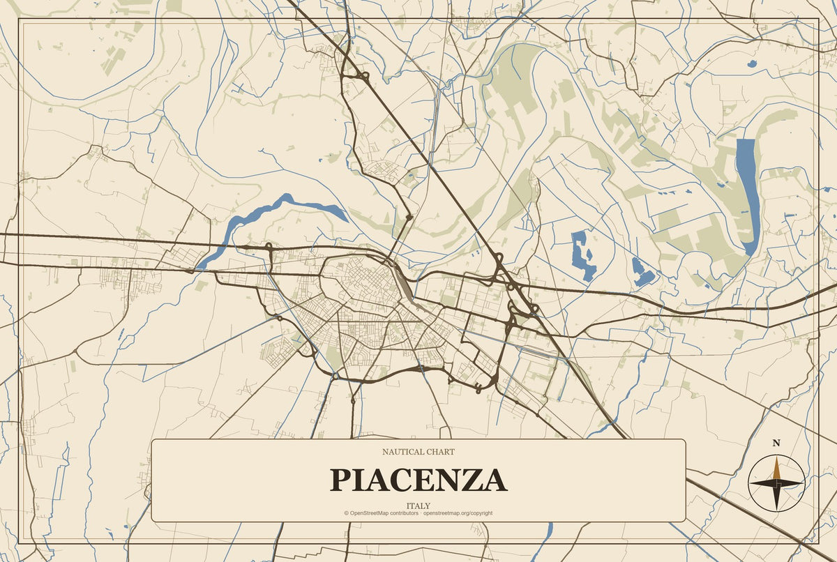 Piacenza, Italy City Map Aluminum Sign in Heritage Nautical style