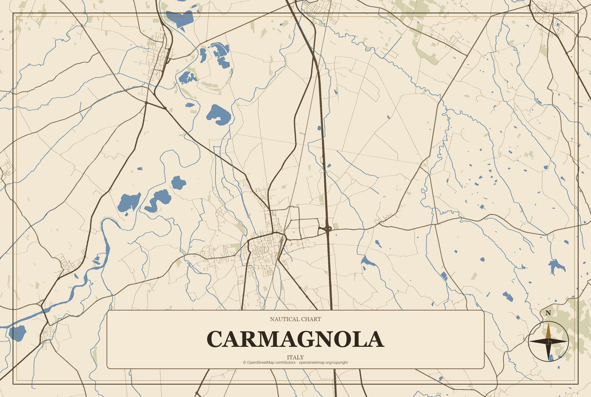 Carmagnola, Italy City Map Aluminum Sign in Heritage Nautical style