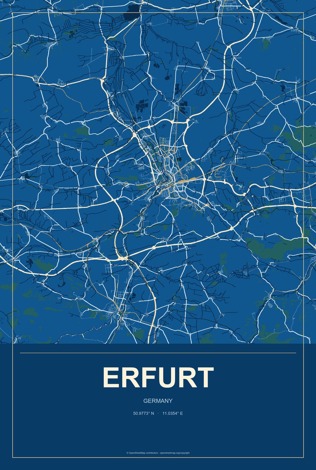 Erfurt, Germany City Map Aluminum Sign in Harbor Cobalt style