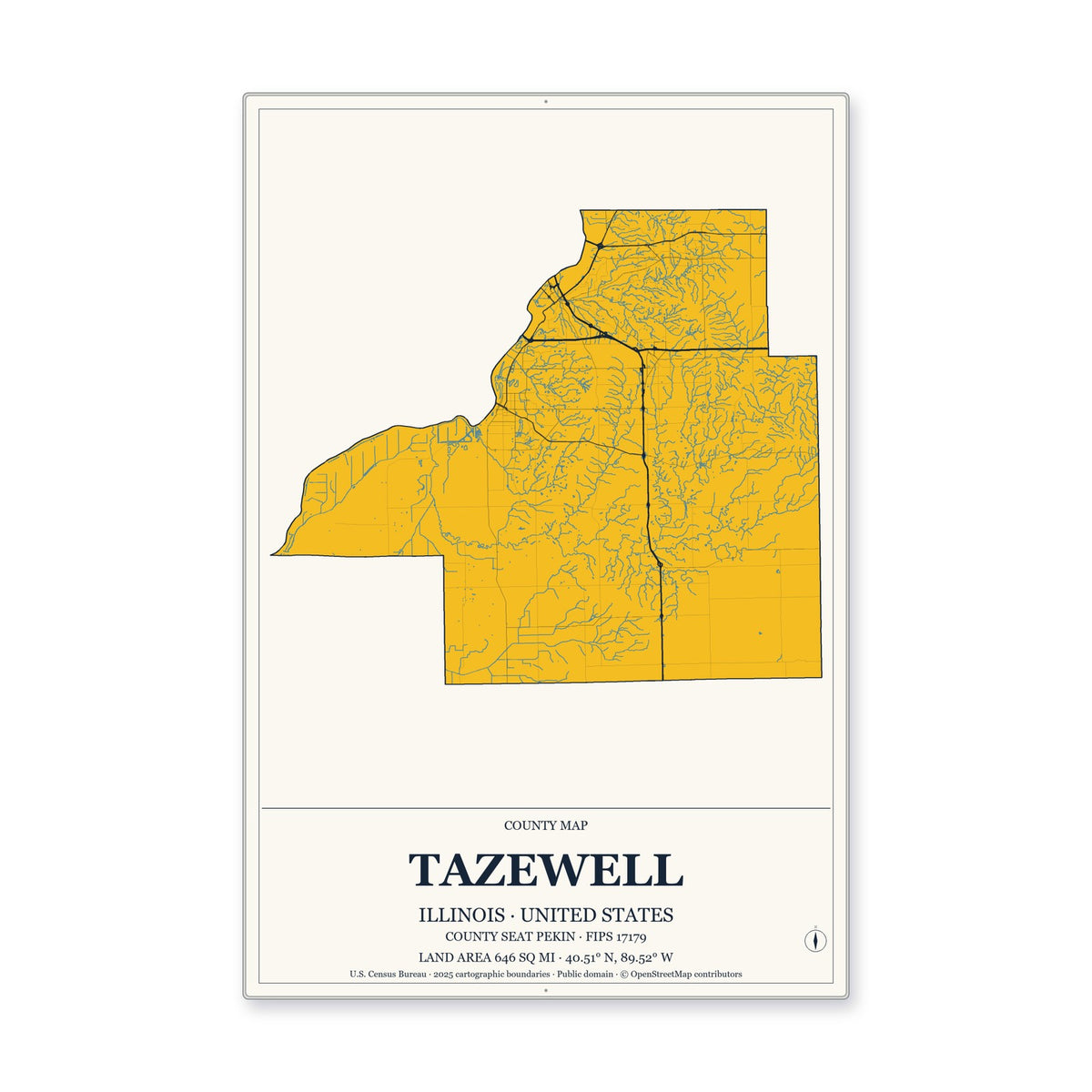Tazewell County, Illinois Map Aluminum Sign in Citrine Modern style