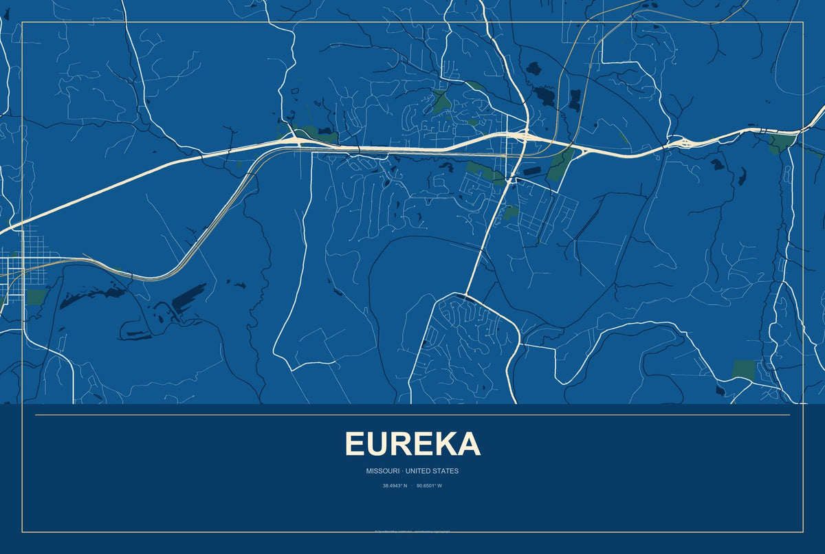 Eureka, Missouri City Map Aluminum Sign in Harbor Cobalt style