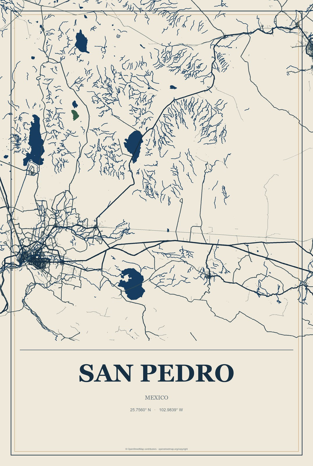 San Pedro, Mexico City Map Aluminum Sign in Coastal Cutout style