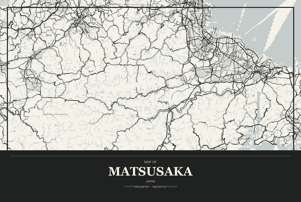 Matsusaka, Japan City Map Aluminum Sign in Museum Plaque style