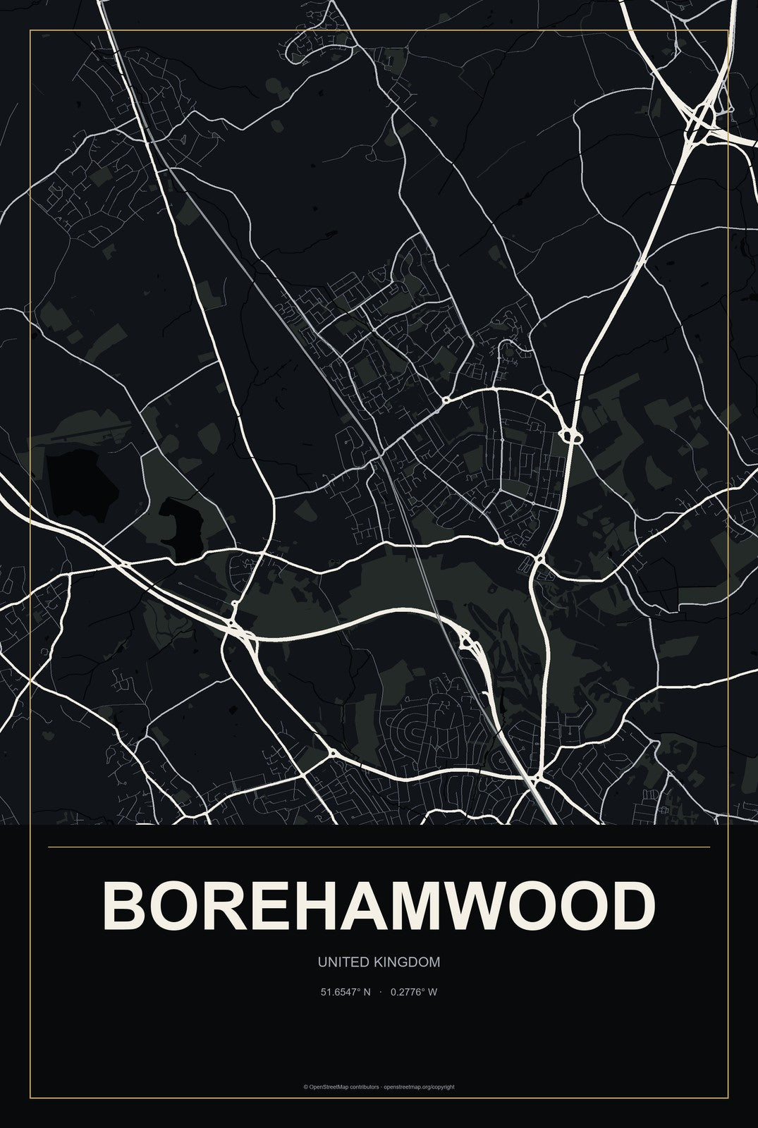 Borehamwood, United Kingdom City Map Aluminum Sign in Metropolitan Noir style