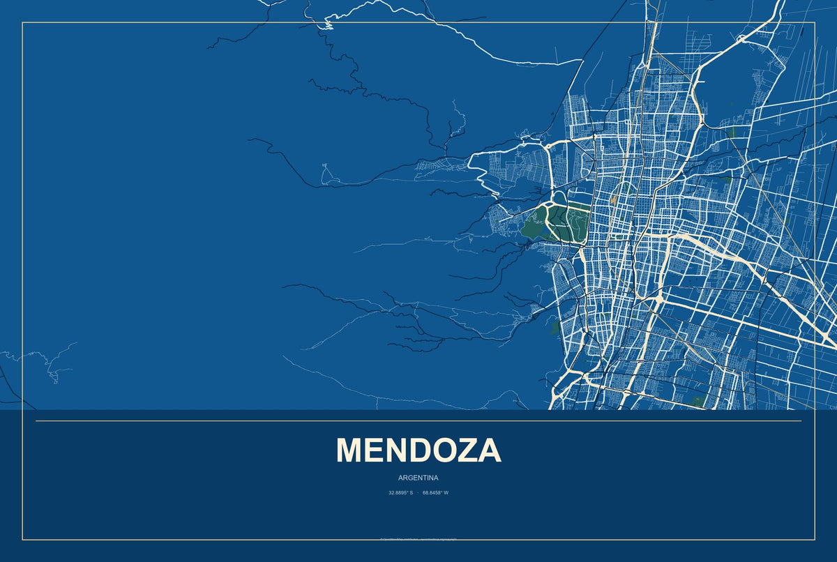 Mendoza, Argentina City Map Aluminum Sign in Harbor Cobalt style