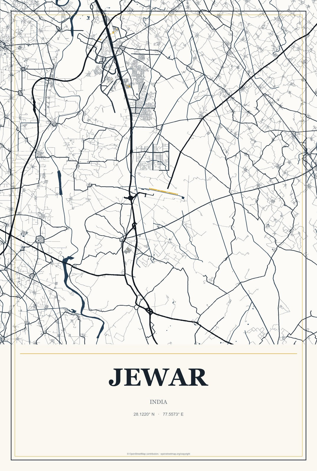 Jewar, India City Map Aluminum Sign in Citrine Modern style