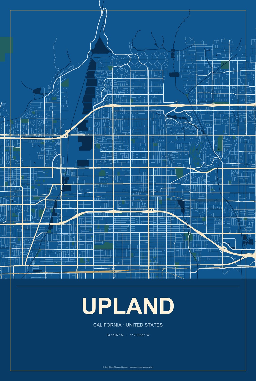 Upland, California City Map Aluminum Sign in Harbor Cobalt style