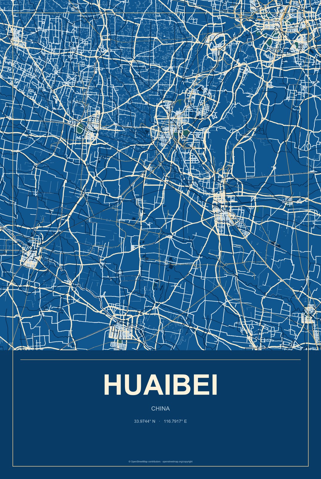 Huaibei, China City Map Aluminum Sign in Harbor Cobalt style