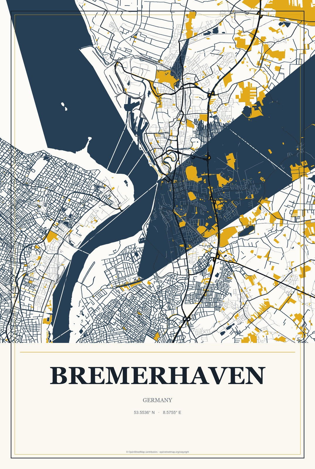 Bremerhaven, Germany City Map Aluminum Sign in Citrine Modern style