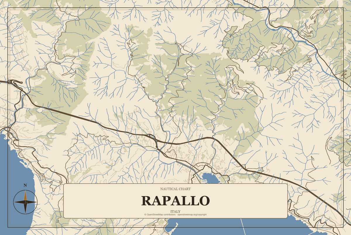 Rapallo, Italy City Map Aluminum Sign in Heritage Nautical style