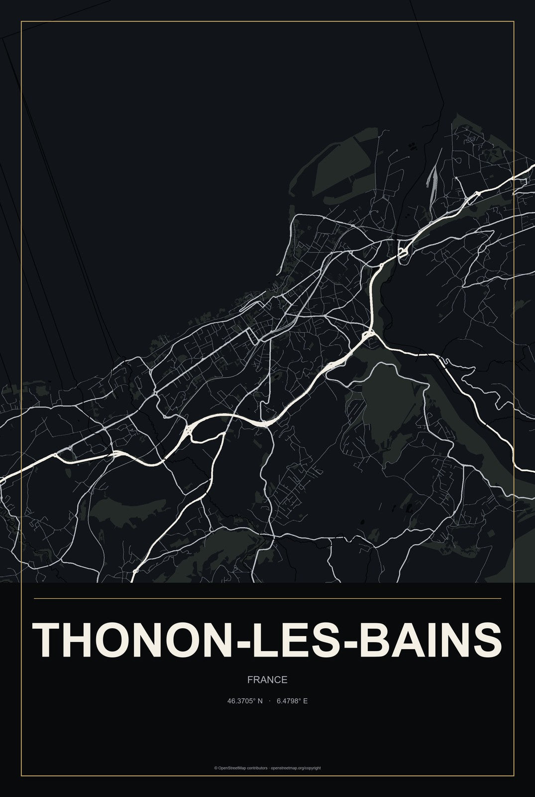 Thonon-les-Bains, France City Map Aluminum Sign in Metropolitan Noir style