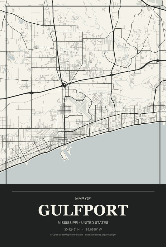 Gulfport, Mississippi City Map Aluminum Sign in Museum Plaque style