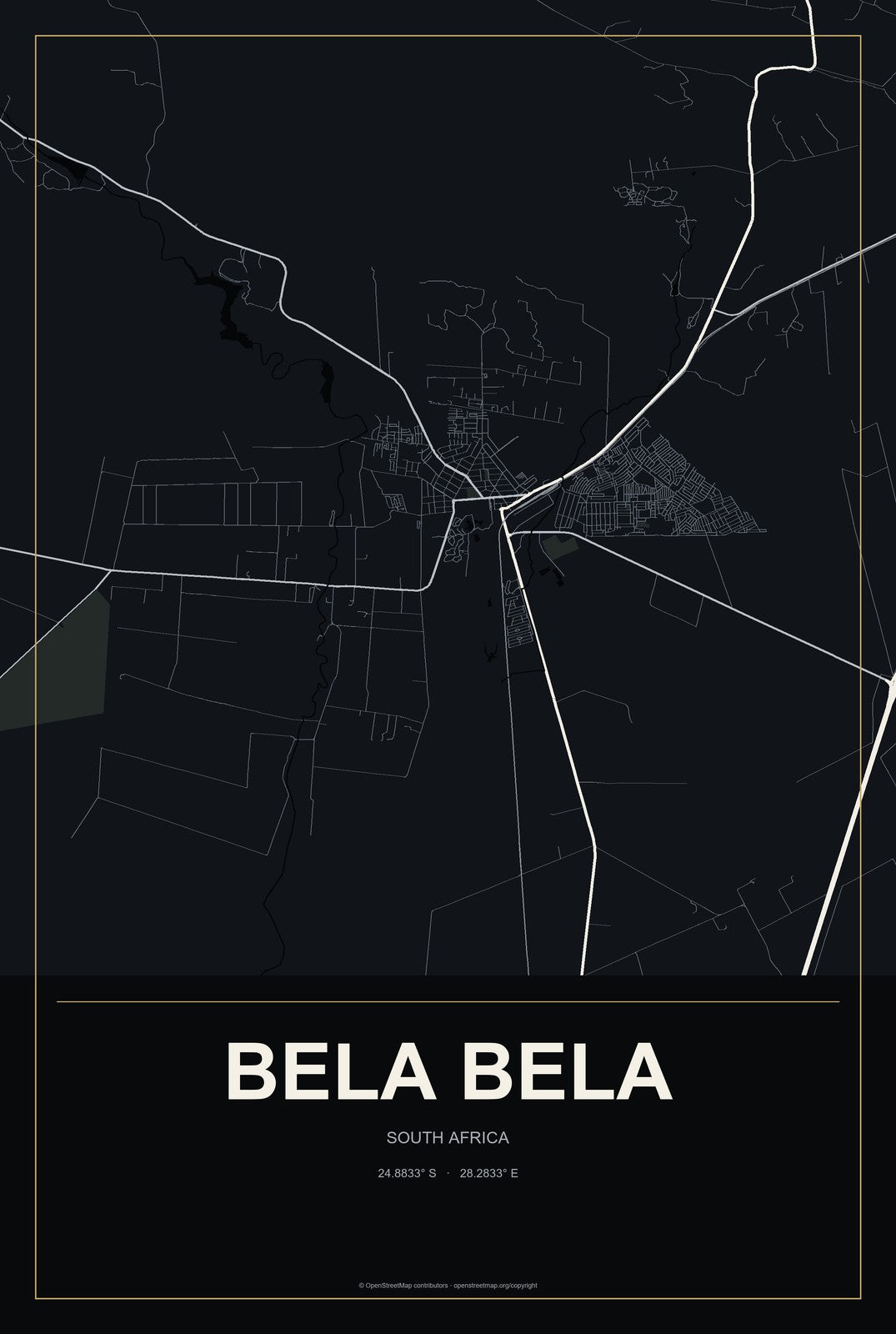 Bela Bela, South Africa City Map Aluminum Sign in Metropolitan Noir style