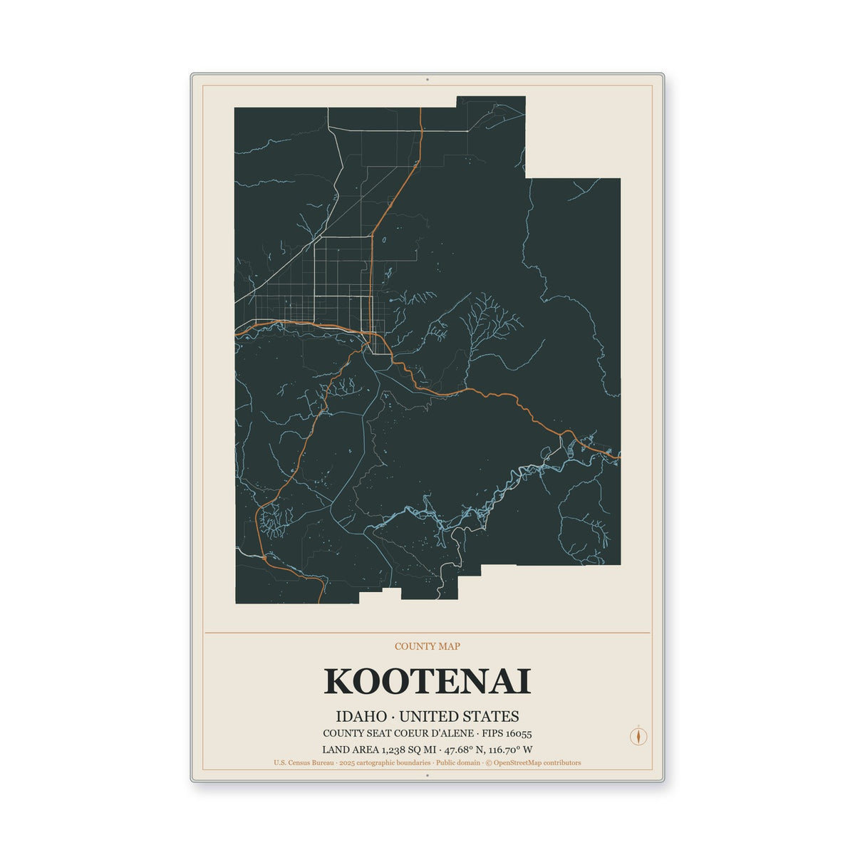 Kootenai County, Idaho Map Aluminum Sign in Headline Atlas style