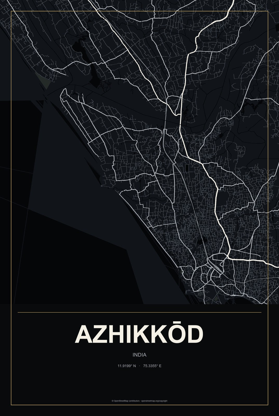 Azhikkōd, India City Map Aluminum Sign in Metropolitan Noir style