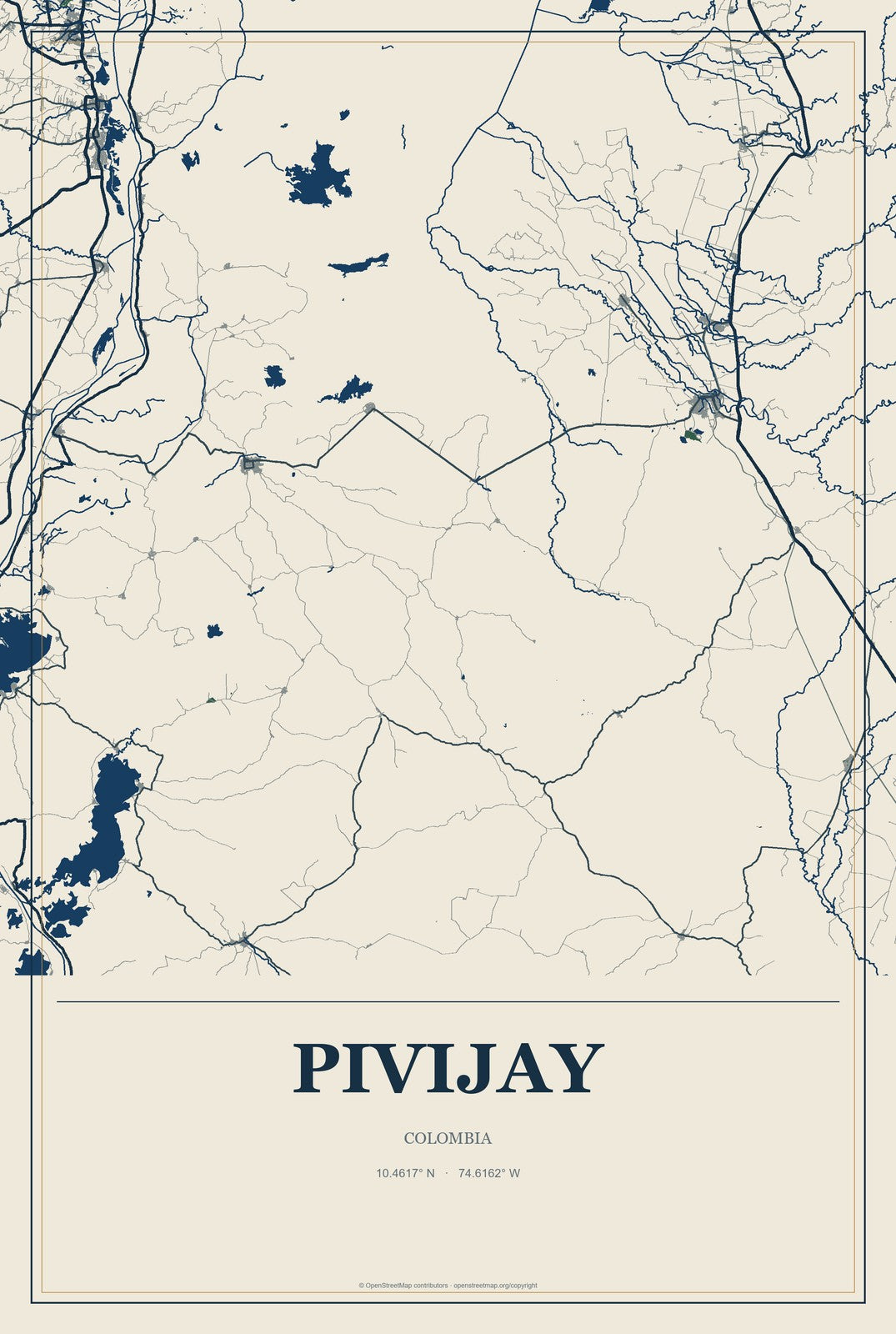 Pivijay, Colombia City Map Aluminum Sign in Coastal Cutout style