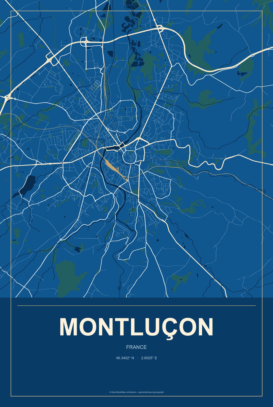 Montluçon, France City Map Aluminum Sign in Harbor Cobalt style