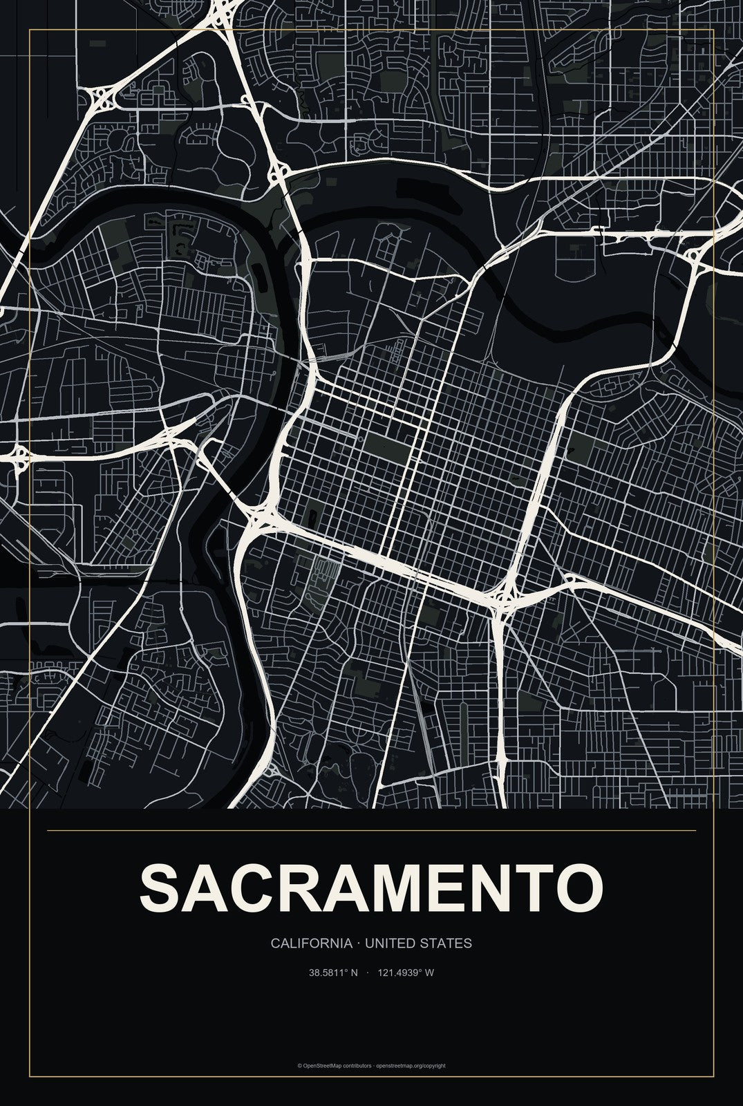 Sacramento, California City Map Aluminum Sign in Metropolitan Noir style