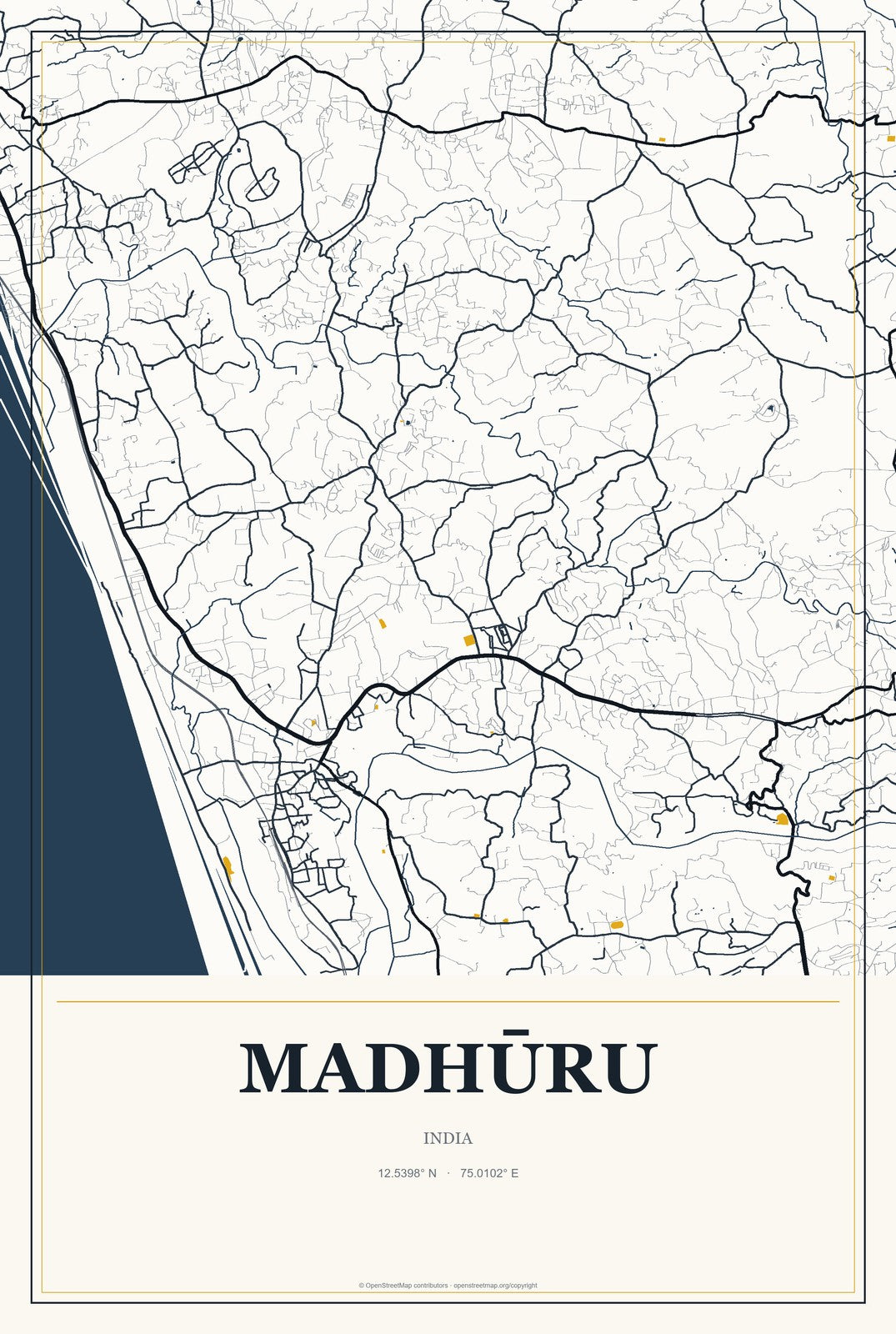 Madhūru, India City Map Aluminum Sign in Citrine Modern style