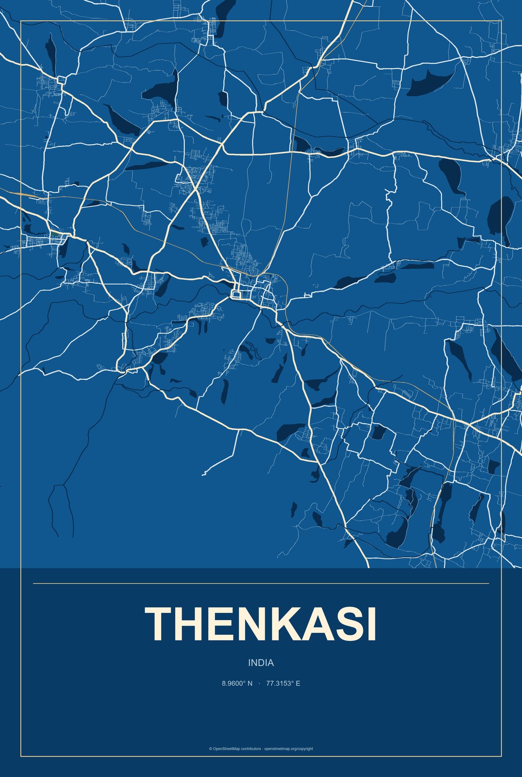 Thenkasi, India City Map Aluminum Sign in Harbor Cobalt style