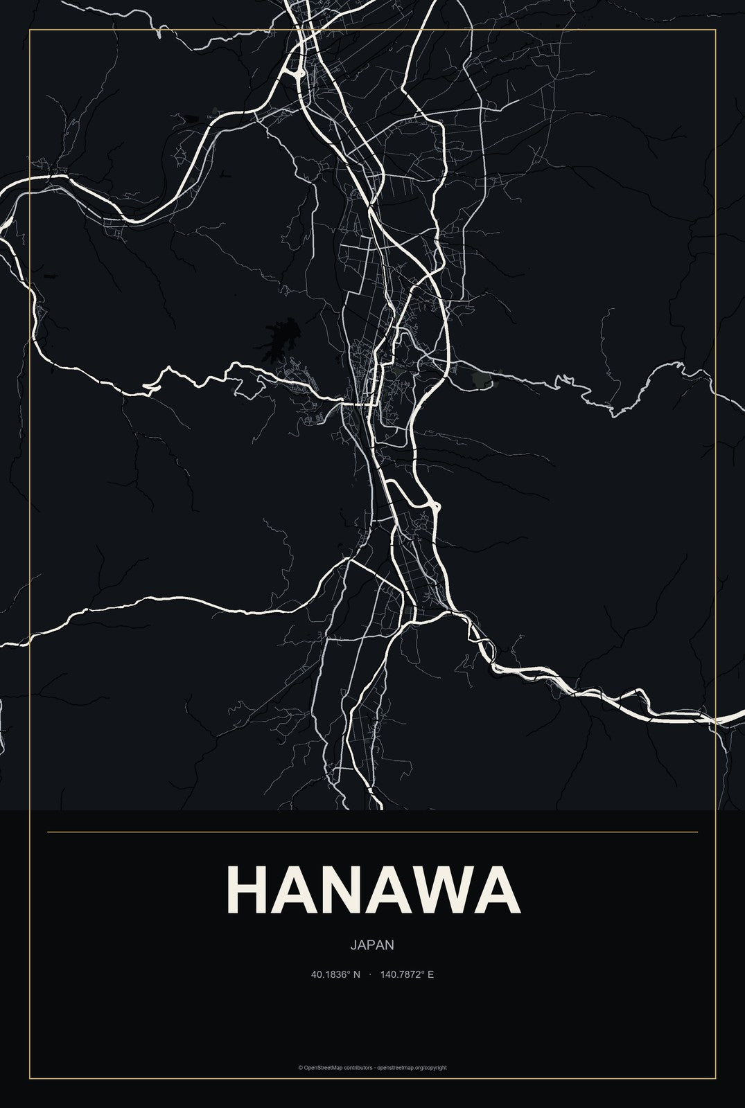 Hanawa, Japan City Map Aluminum Sign in Metropolitan Noir style