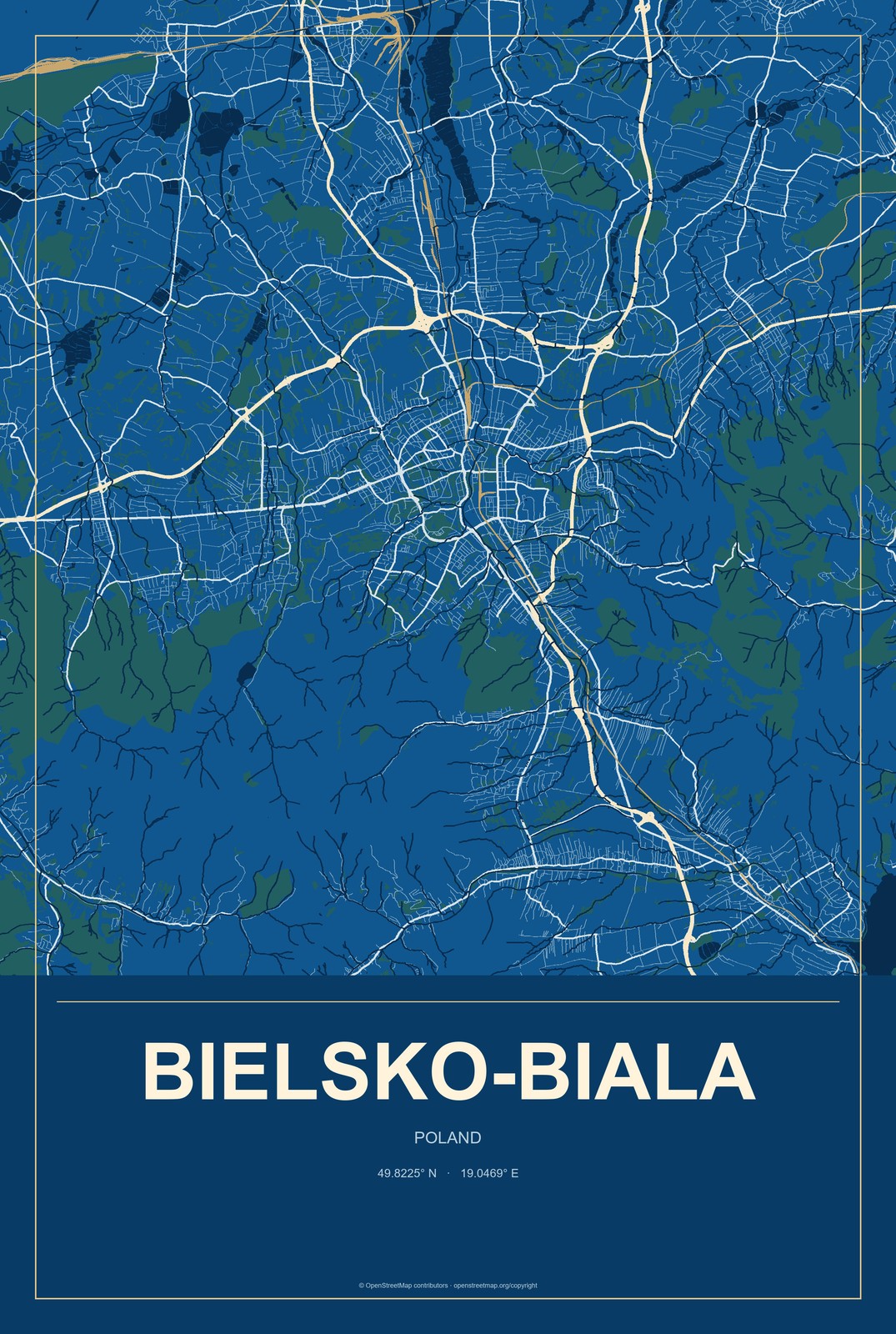Bielsko-Biala, Poland City Map Aluminum Sign in Harbor Cobalt style