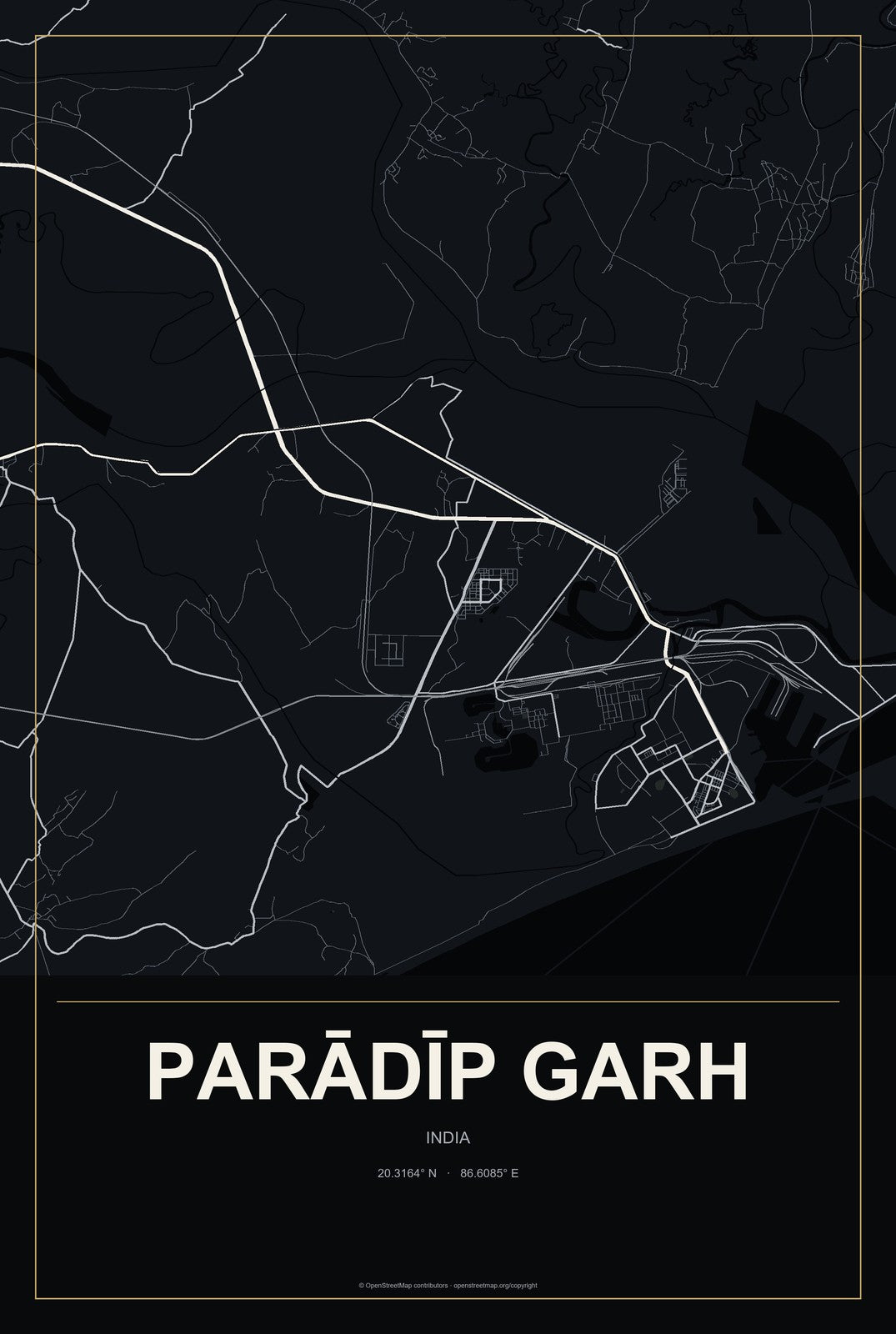 Parādīp Garh, India City Map Aluminum Sign in Metropolitan Noir style