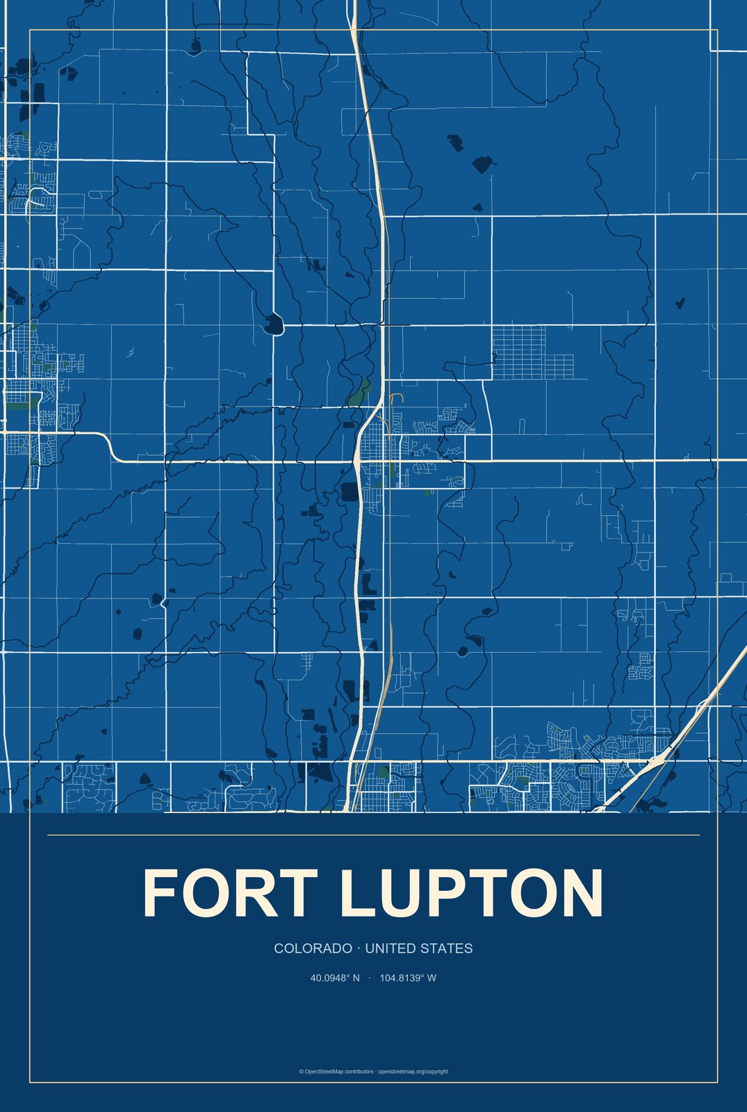 Fort Lupton, Colorado City Map Aluminum Sign in Harbor Cobalt style