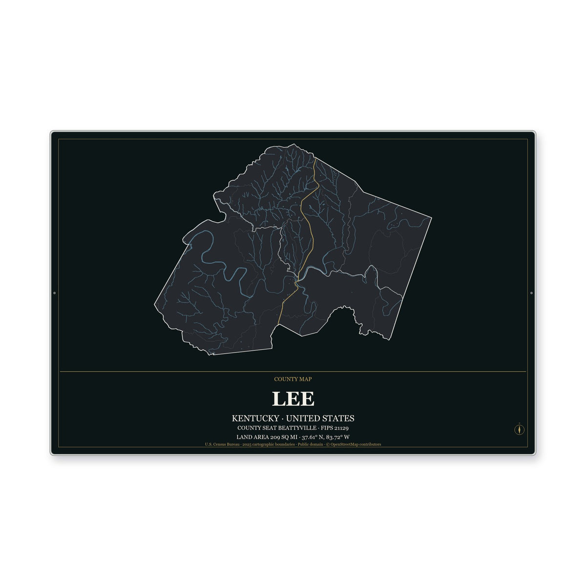 Lee County, Kentucky Map Aluminum Sign in Metropolitan Noir style