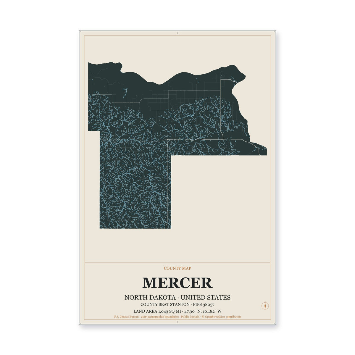 Mercer County, North Dakota Map Aluminum Sign in Headline Atlas style
