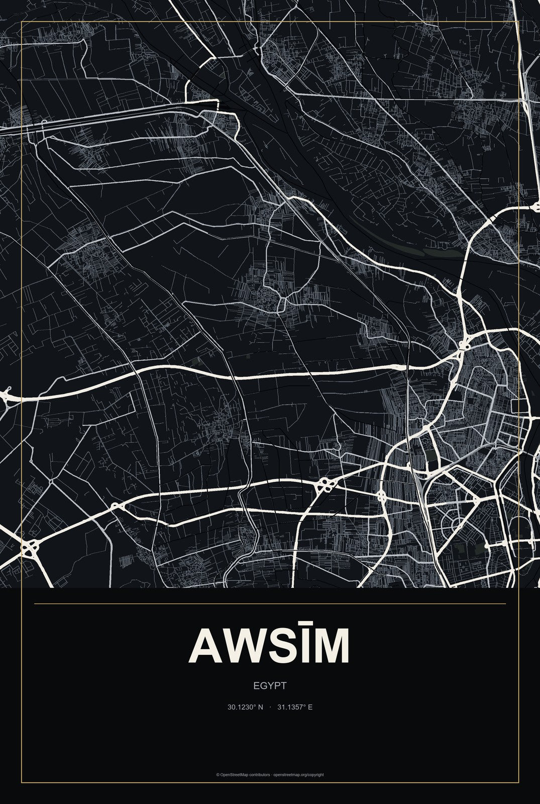 Awsīm, Egypt City Map Aluminum Sign in Metropolitan Noir style