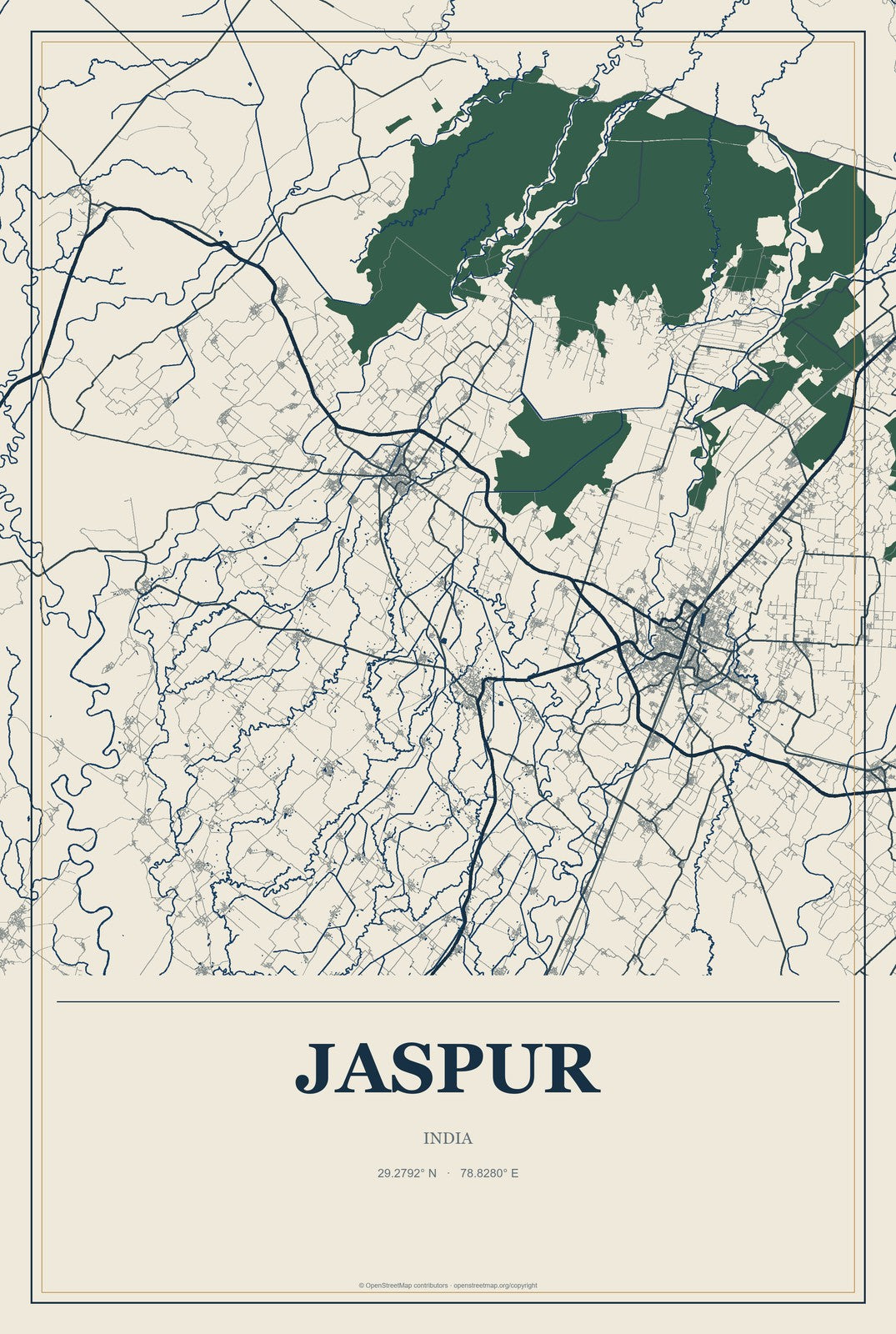 Jaspur, India City Map Aluminum Sign in Coastal Cutout style