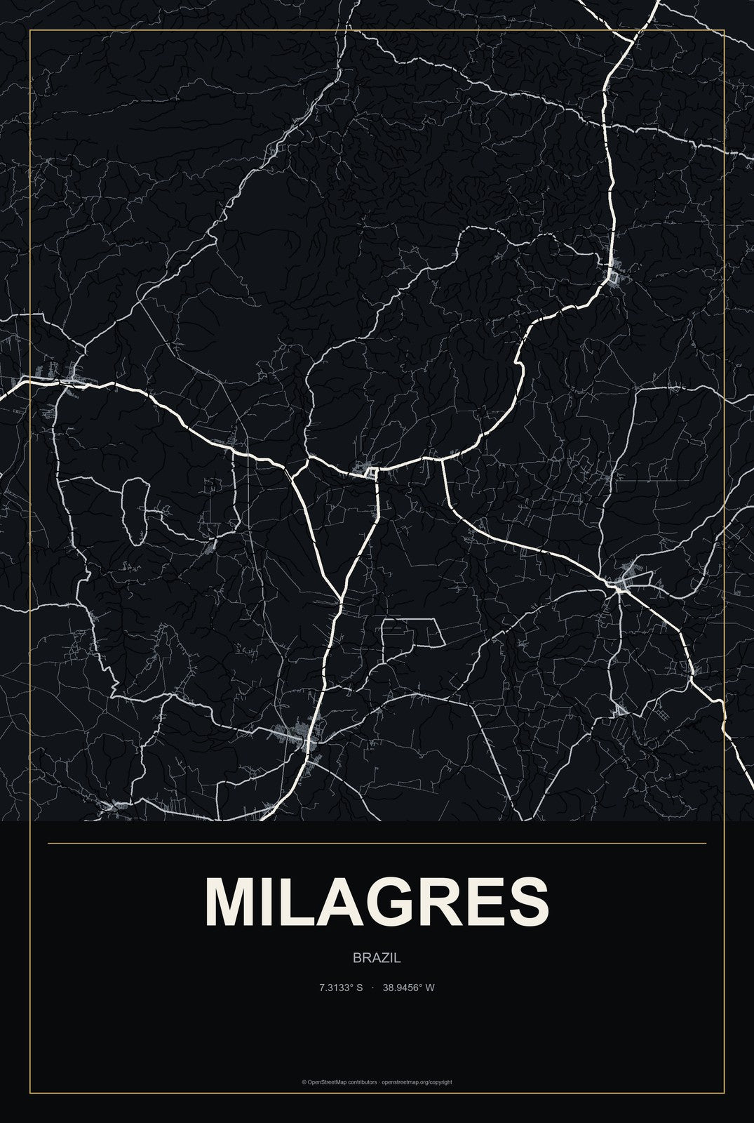 Milagres, Ceará, Brazil City Map Aluminum Sign in Metropolitan Noir style