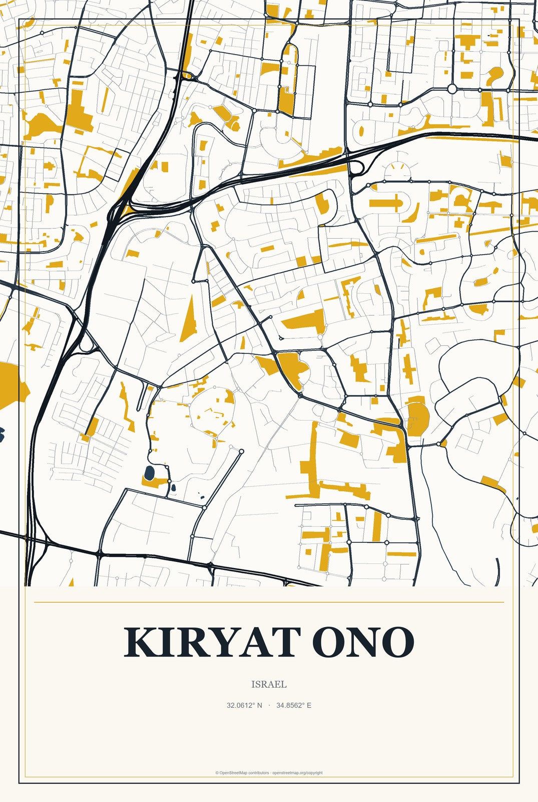 Kiryat Ono, Israel City Map Aluminum Sign in Citrine Modern style