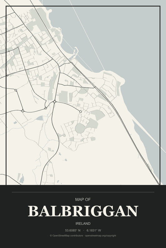 Balbriggan, Ireland City Map Aluminum Sign in Museum Plaque style